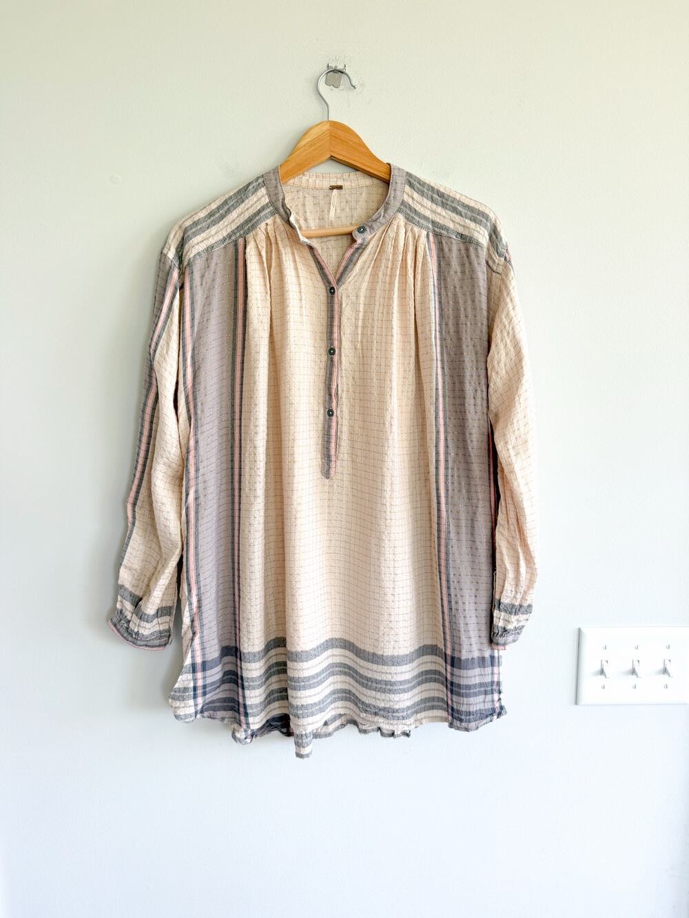 Free People Metallic Thread Long Sleeve Tunic Mini Dress Cream Gray XS